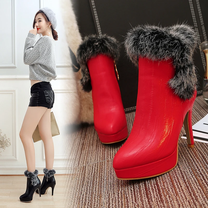 

2023 new autumn winter Women ankle boots plus size 22-28CM pu upper side zip modern boots high heel cony hair short boots