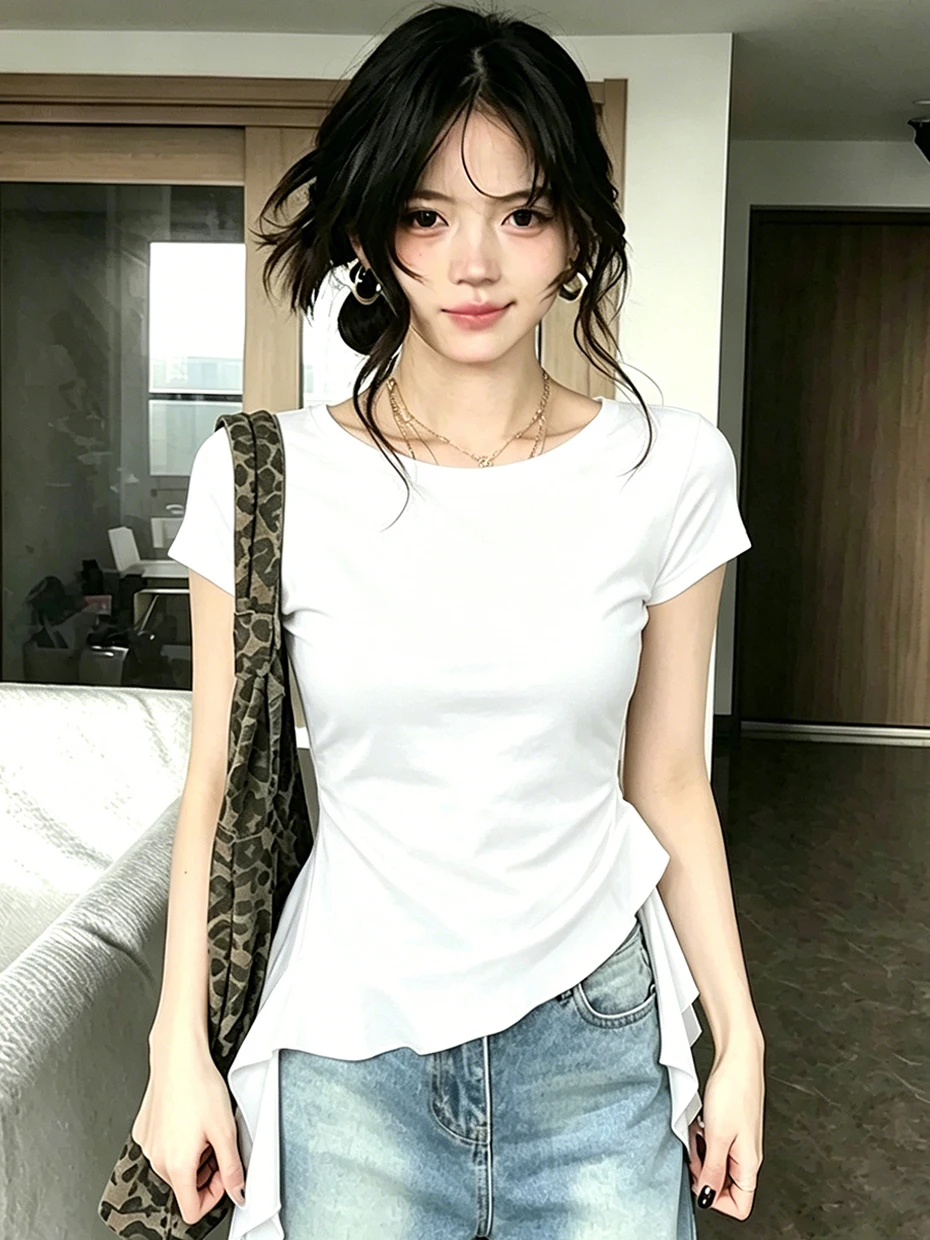 

Korean Style round Neck Short Sleeve T-Shirt Women's Summer Slim Fit Top Uneven Hemline Lotus Leaf Unique Waist-Cinching