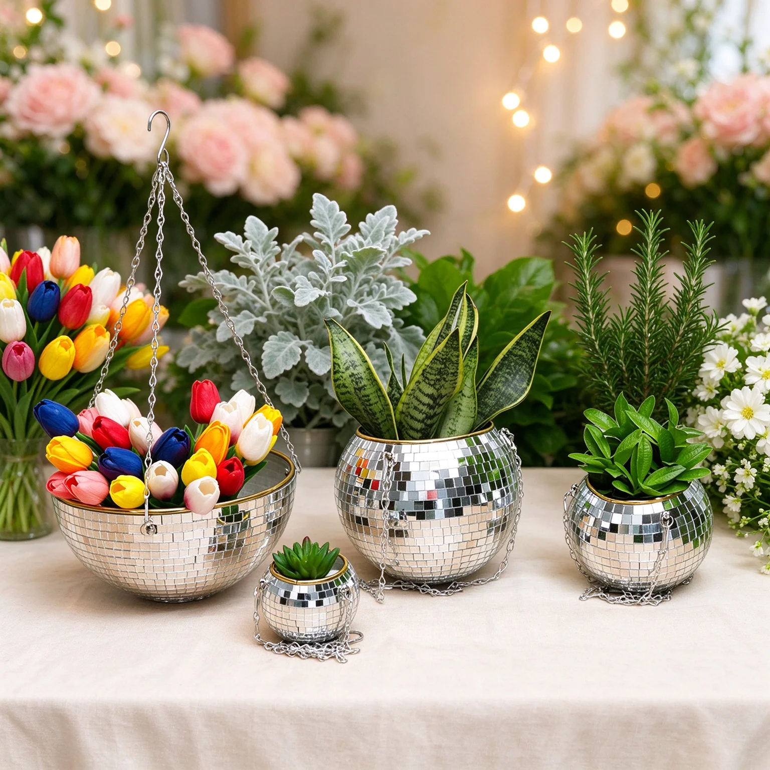 Hanging Disco Ball Planter with Chain, Mirror Flower Pot for Indoor Succulents, Cactus, Aesthetic Room Decor, Gift for Women
