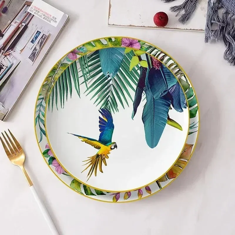 New Parrot Bone China Tableware Set Pastoral Phnom Penh Western Food Plate Household Bowl Coffee Cup Platos De Cerámica