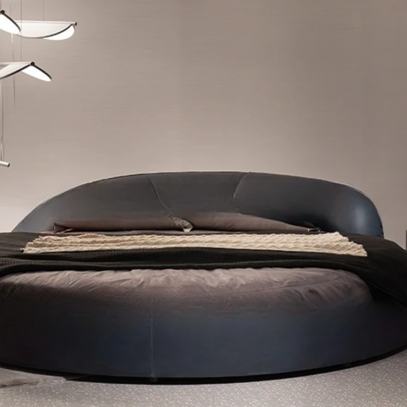 Double round bed, modern minimalist, leather round couple bed