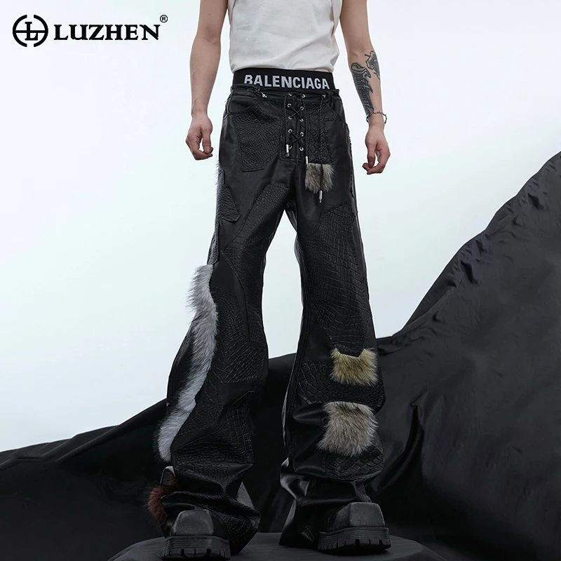 

LUZHEN Personalized Trendy Patchwork Design Faux Leather Pants Original Punk Fashion Street High Slim Fit Men's Trousers LZ4527