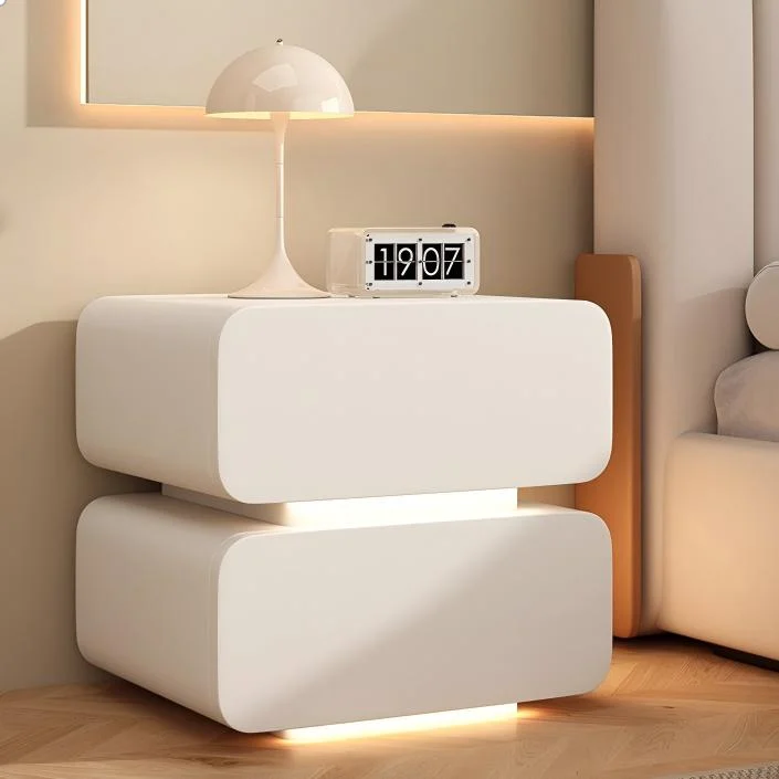 Smart Modern Mirrored Multifunctional LED Light Bedside Table Wooden Nightstand Bedroom Apartment