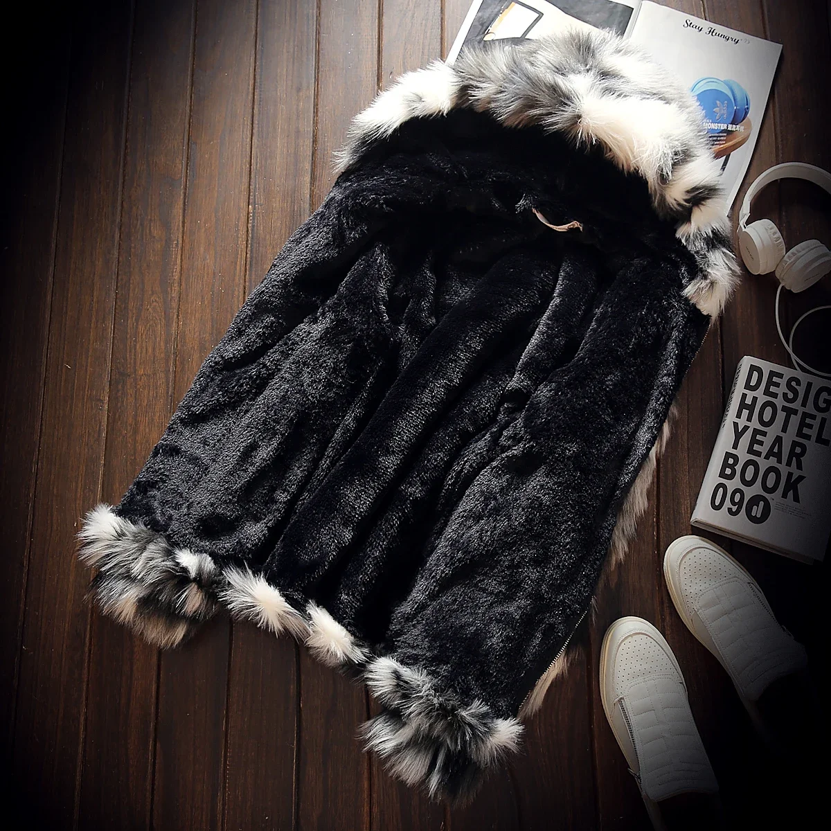 Winter Warm Plus Fleece Faux Fur Fox Fur Casual Mens Hooded Jacket Thick Boutique Fashionable Male Slim Coats Size S-5XL