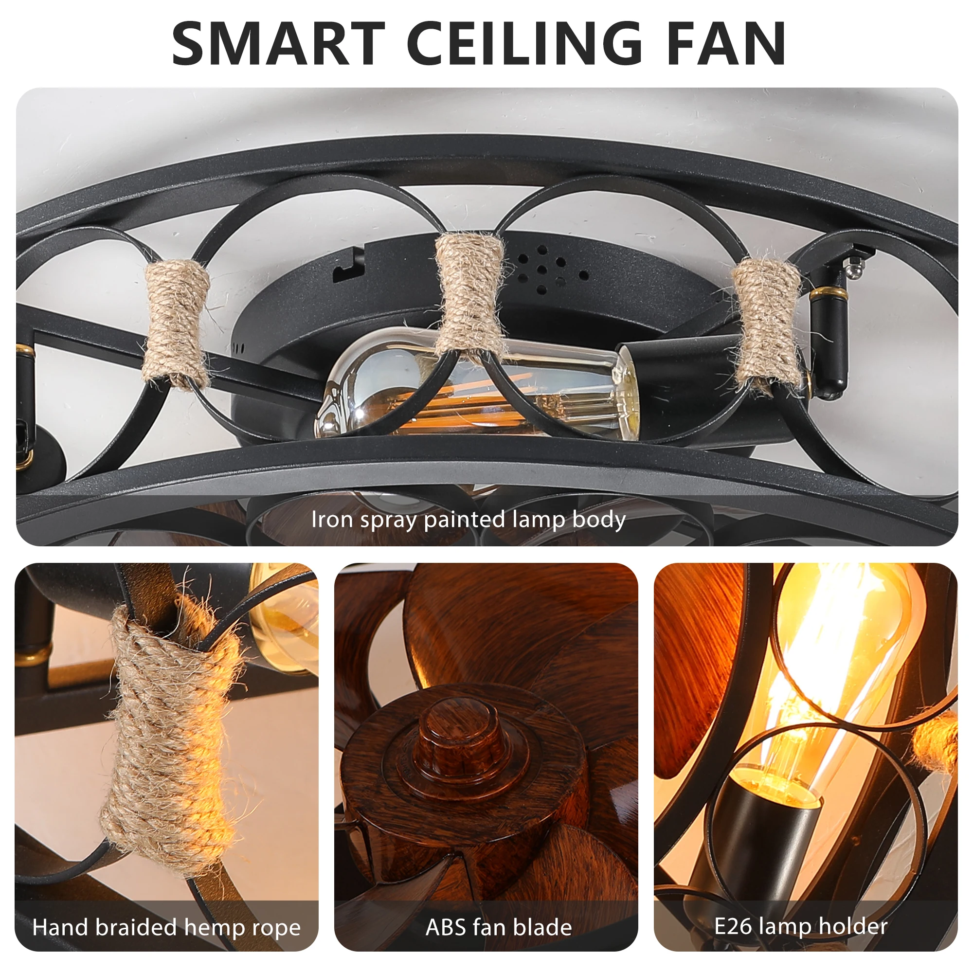 Black Caged Ceiling Fan with Lights Remote Control, Farmhouse Ceiling fans, 6 Speeds Reversible Blades, 5 Bulbs Include