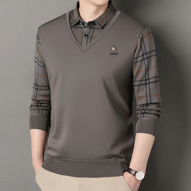 Winter Velvet Sweater Men\'s Business Pullover Polo Neck Sweaters Fake 2 Piece Fashion Korean Business Causal Pullovers