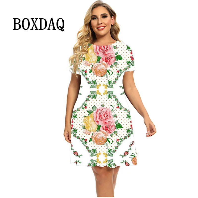 Butterfly Flower Print Summer Dress Women Oversized Short Sleeve Dress Casual Pullover O-Neck Loose Party Dress Ladies Vestidos