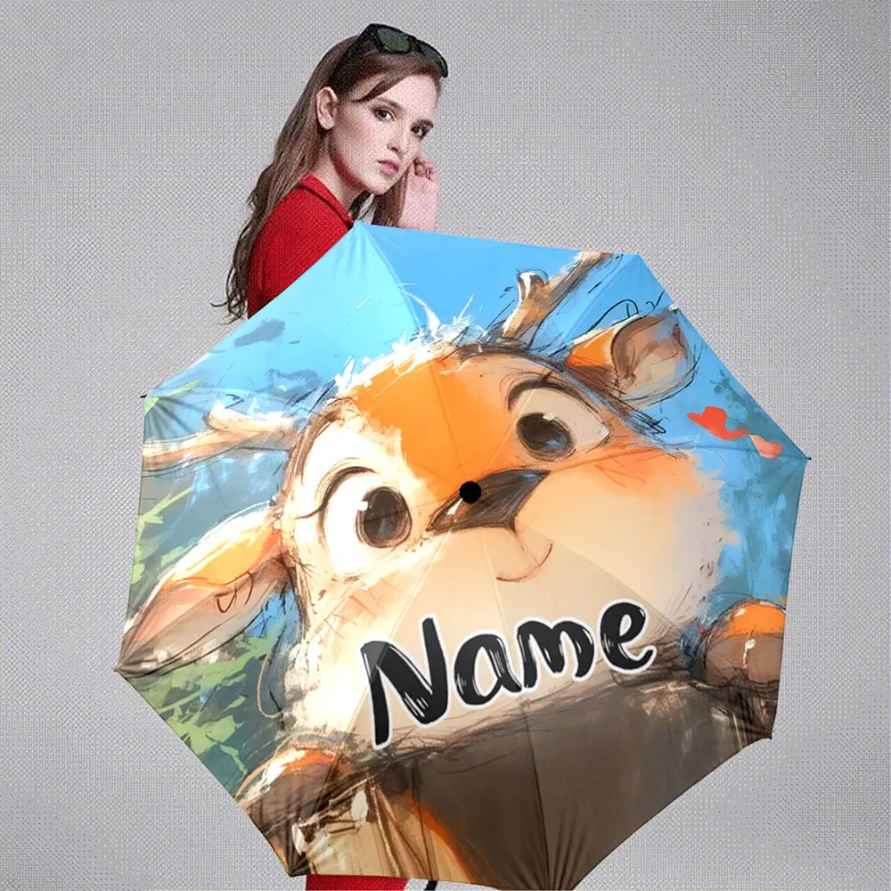 Custom Name Umbrella Cartoon Deer Design Rain Umbrella - Cute Forest Animal Print Portable Folding Umbrella,Christmas Gift