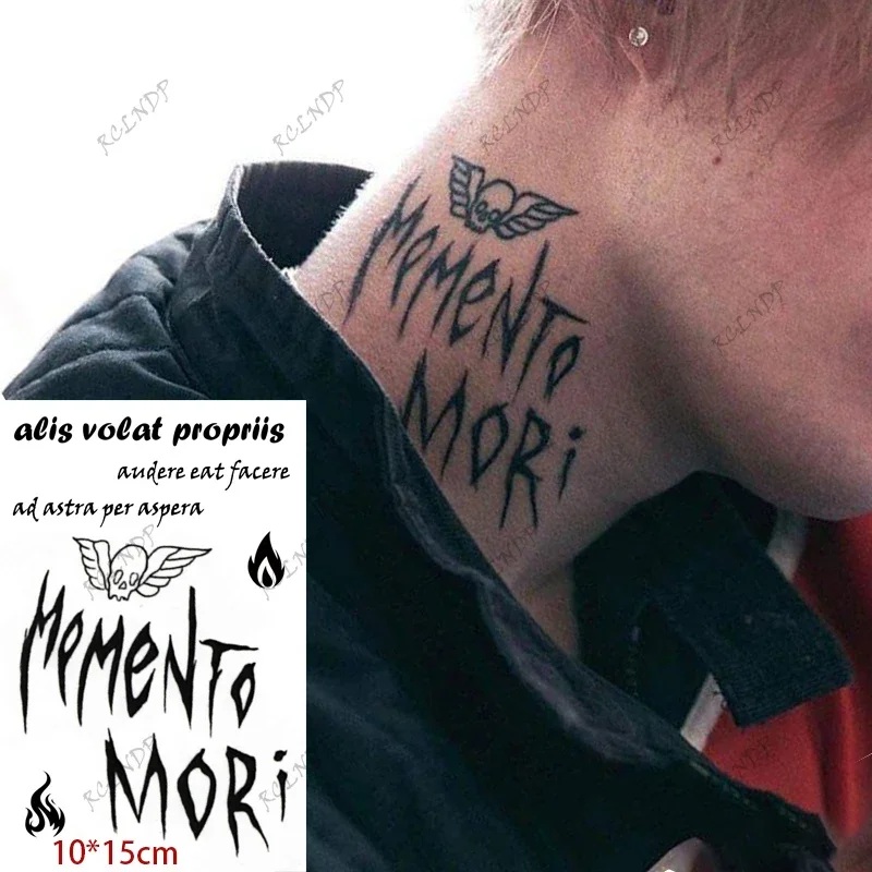 

Waterproof Temporary Tattoo Sticker Latin I'm Just Mortal Sentence Skull Wings Flame Neck Flash Tatto Fake Tatoo for Women Men
