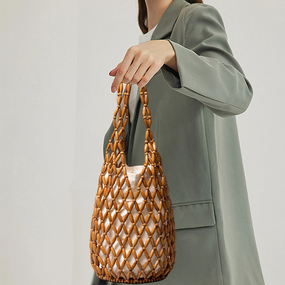 

Wooden Beading Woven Hand Bag for Holiday Travels Date Handmade Beaded Shoulder Bag Casual Beach Handbag for Women