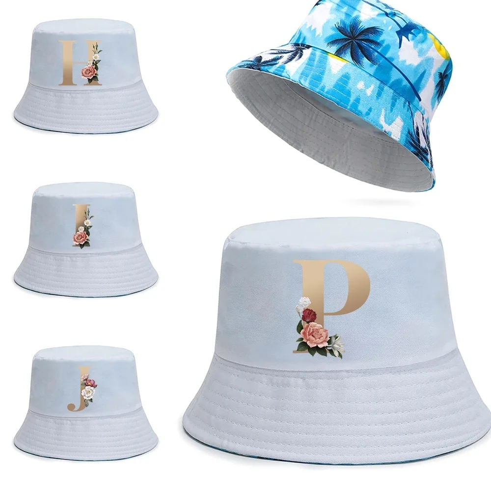 

New Cotton Fisherman Hat Trend Gold Letter Printed Bucket Hats Reversible Hawaii Caps Men Casual Panama Cap Women Beach Sun Hats