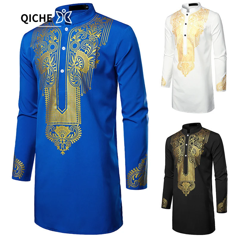 QICHE Men Long Sleeve Pullover Shirt Hot Stamping Totem Pattern Straight Fit Casual Long Top