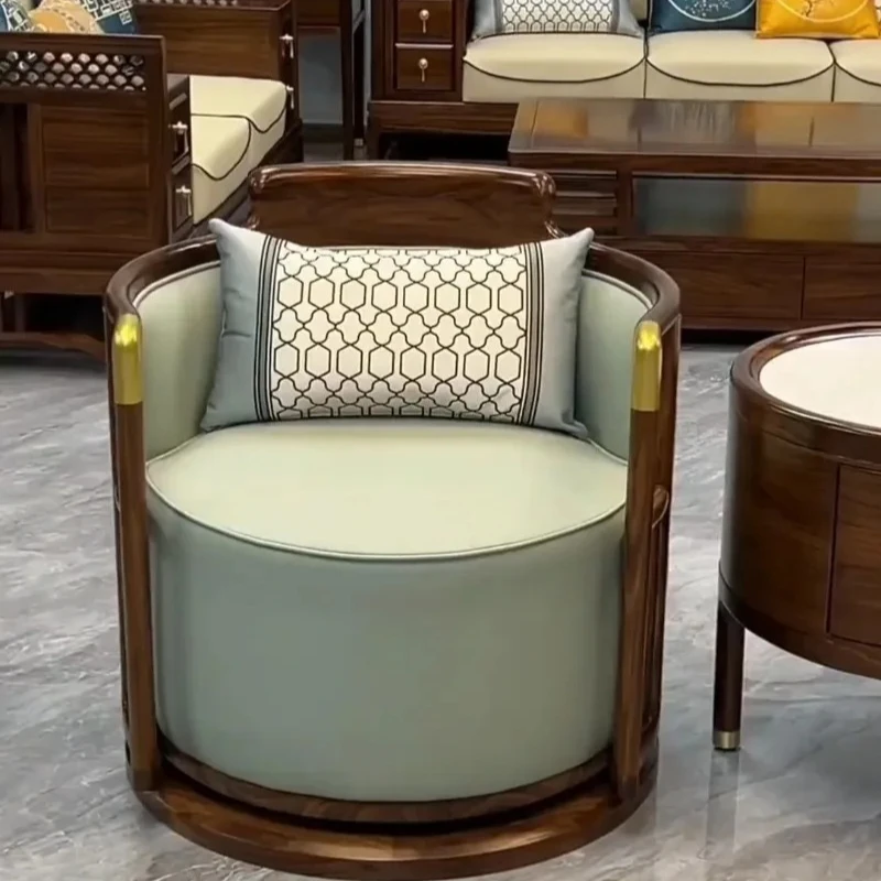 X-S  New Chinese Style Solid Wood Leisure Chair Black Walnut Wooden Circle Chair Living Room Single Sofa Rotatable HG