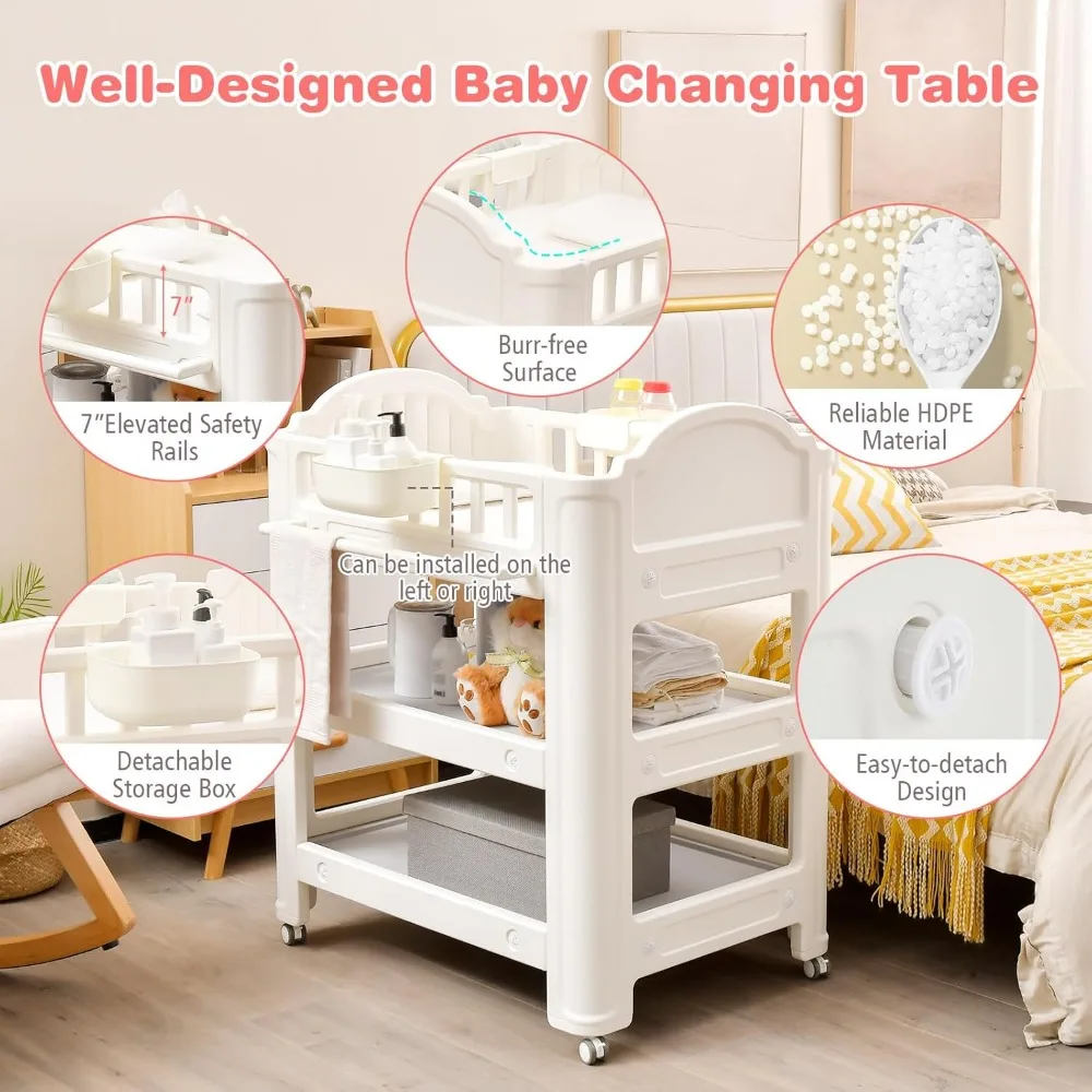 Costzon-Table d'appoint pour bébé, station de remplacement pour couche-culotte pour bébé avec matelas et oreiller en latex, étagères et boîtes de rangement, mobile