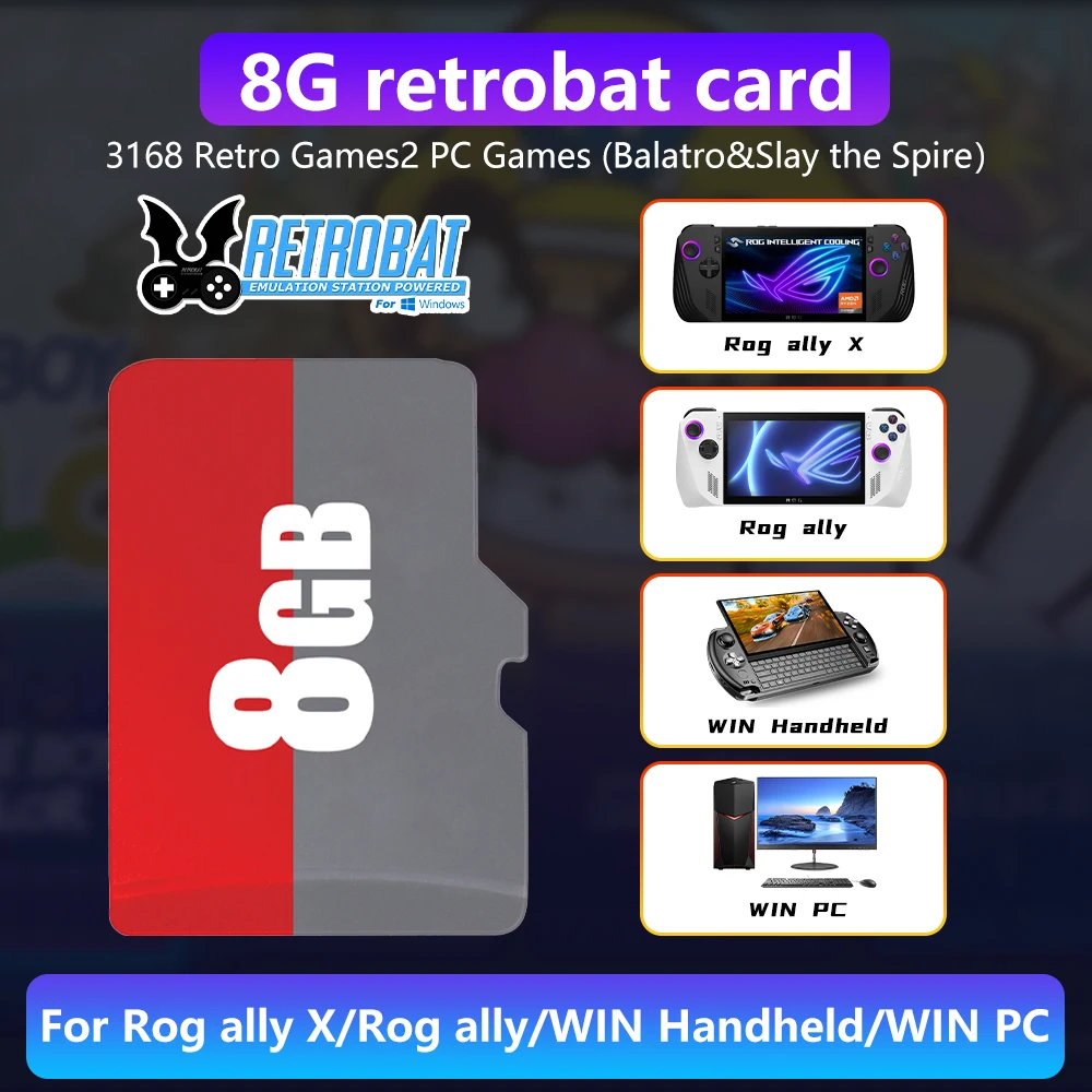 Retrobat 8GB Game TF Card Retro Gaming Memory Card With 3168 Retro Games&2 PC Games 9 Emulators For Rog Ally/Rog Ally X/GPD WIN