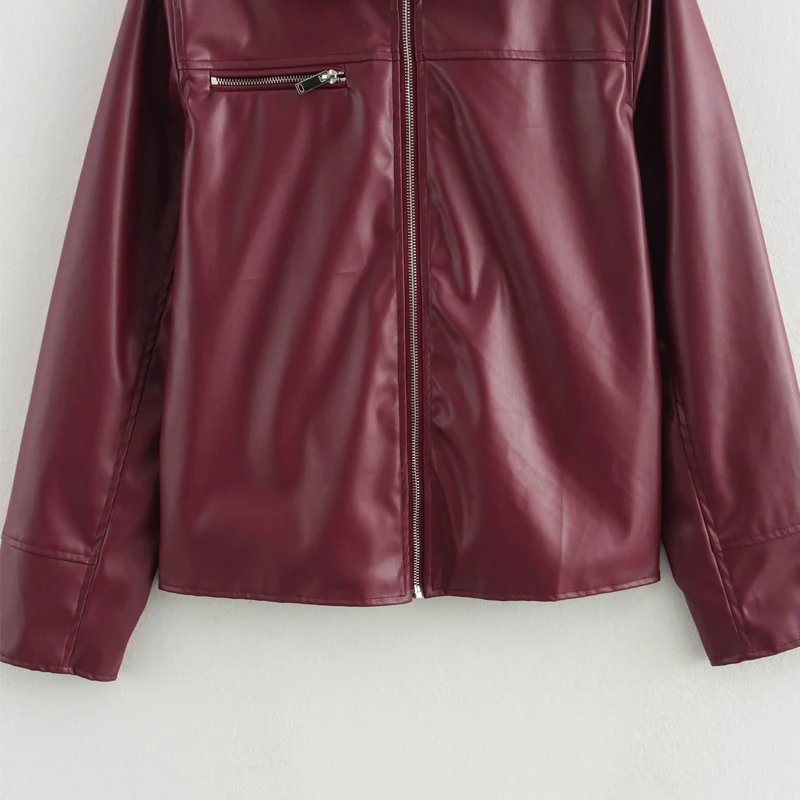 TRAF Faux Leather Jacket Odzież wierzchnia 2024 Damska kurtka jesienno-zimowa Winered Coat Ladies Fashoin Streetwear Płaszcz z długim rękawem