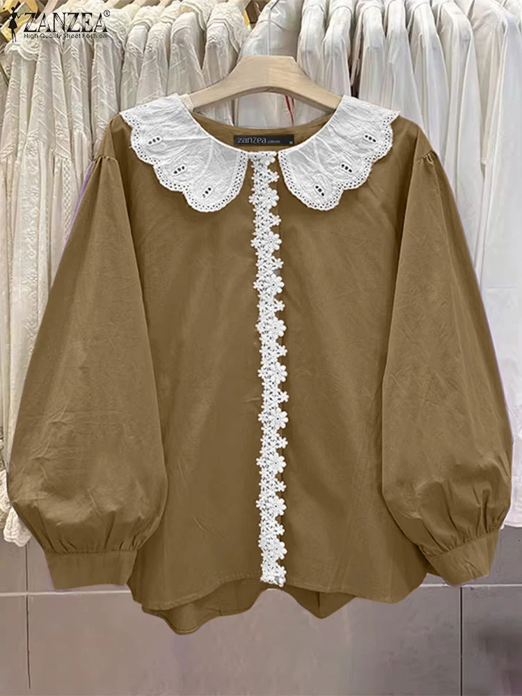 ZANZEA Lace Panel Women's Blouses Elegant Peter-pan Collar Lantern Sleeves Blusas Mujer 2025 Spring Loose Casual Smock Tops