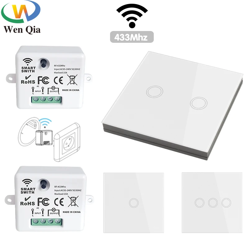 433Mhz Wireless Smart Light Wall Switch with Remote Control Touch Wall Panel Mini Relay Receiver 220V 10A for Home Led Lamp Fan