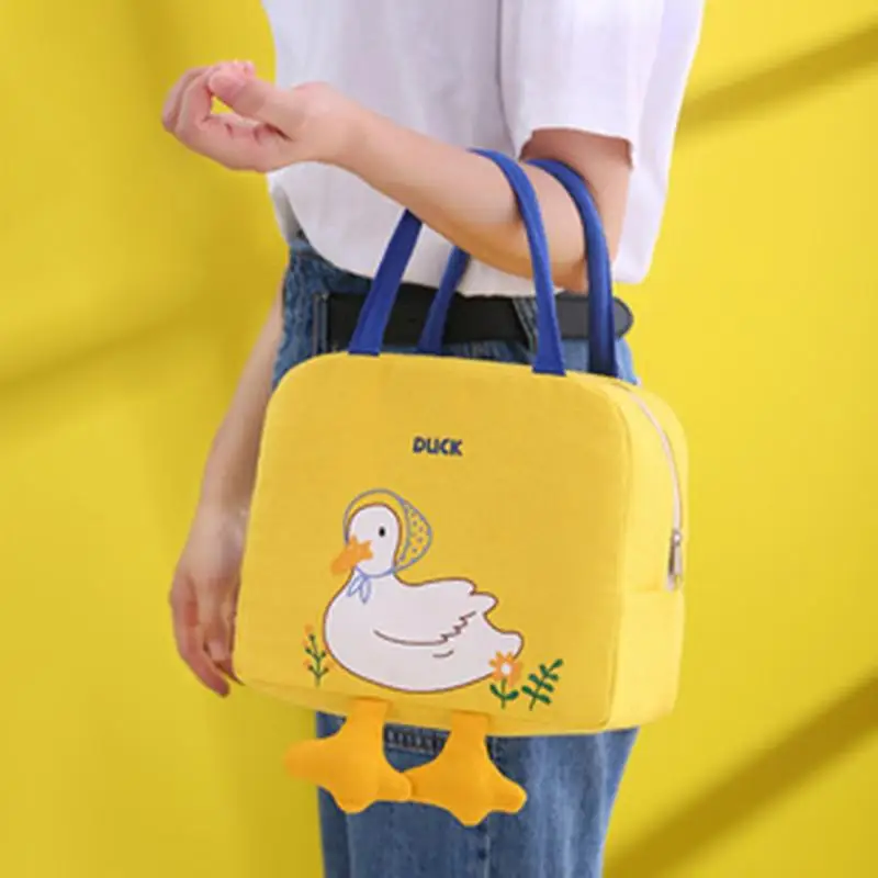 Insulated Lunch Bag Lunch Tote Bag With Cute Duck Cartoon Pattern Wear-Resistant Lunchbox Bag With Smooth Zipper For Students