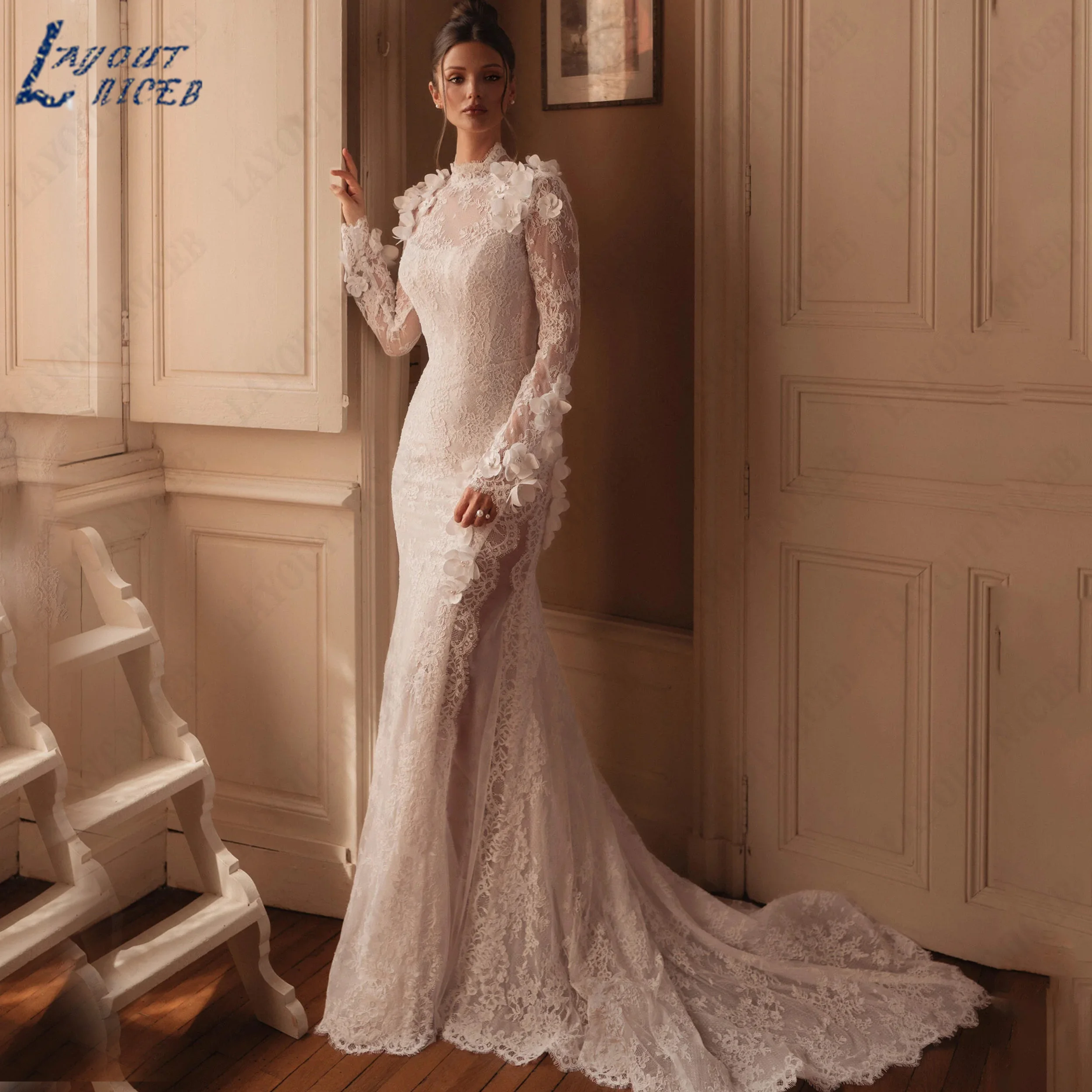 LAYOUT NICEB Customized Lace Mermaid Wedding Dress Long Sleeve High Neck Bridal Gown Backless 3D Appliques Dresses For Bride