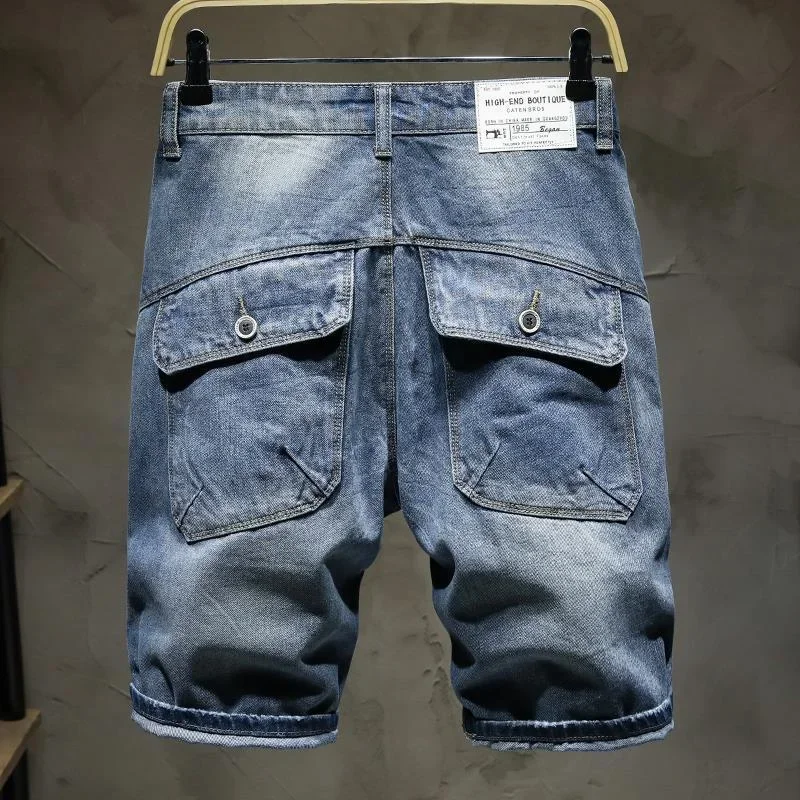 Man Denim Shorts Ripped Short Jeans Pants for Men Blue Straight with Pockets Harajuku Vintage Buttons Sale Original Trend 2024