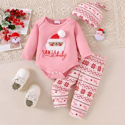 Baby Girls Christmas Outfit Santa Print Long Sleeves Romper and Elastic Snowflake Pants Hat Set Cute Clothes