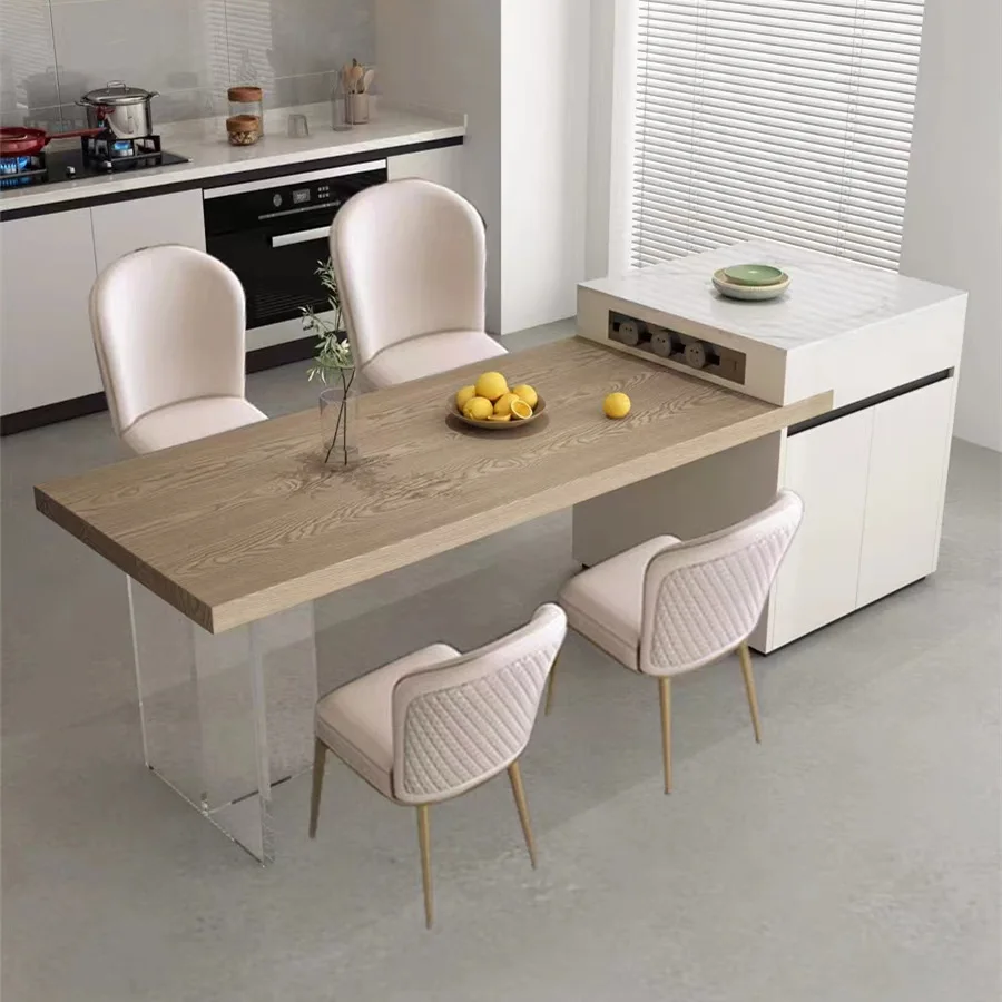 

Modern solid wood island rock slab dining table simple multi-functional solid wood rectangular dining table acrylic leg