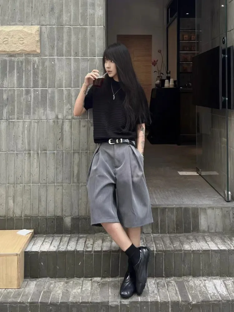 Summer Women's Commuting Style Shorts A-line Pants 90s Fashion Young Girls Knee Length Trousers Female Wide Leg Streetwear