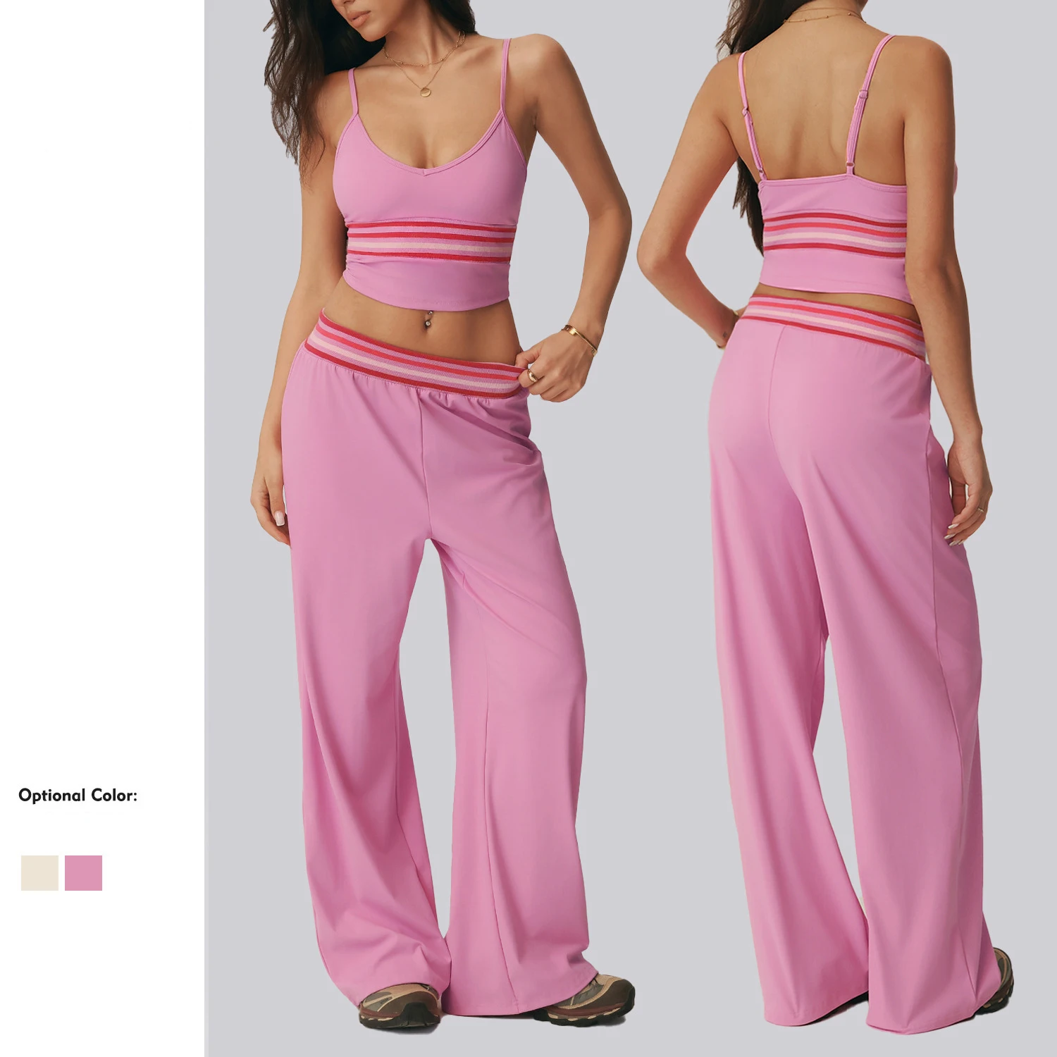 Women's Yoga Set 2PCS High Waist Striped Wide Leg Yoga Pants Racerback Halter Padded Sports Bra Gym Pilates Fitness Tracksuit