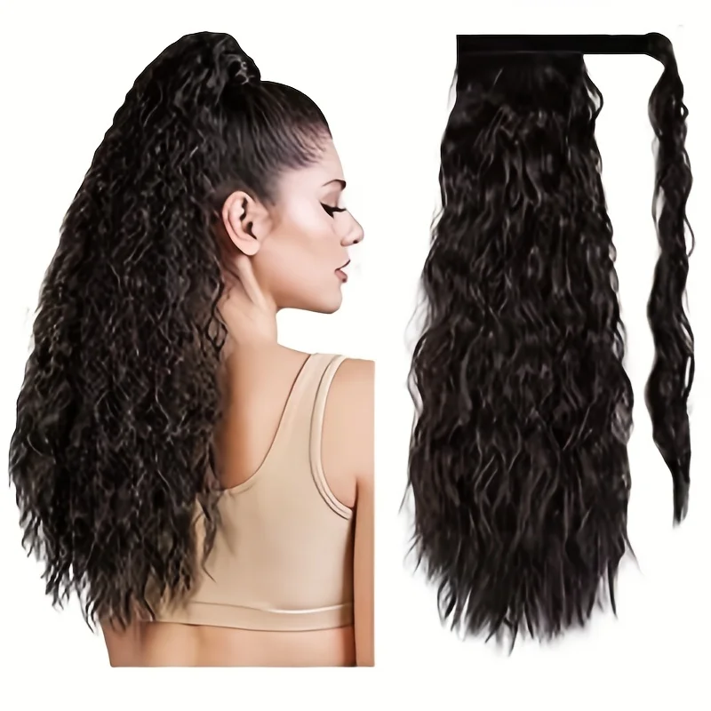 

Long Corn Wave Ponytail Extension Magic Paste Heat Resistant Wavy Synthetic Wrap Around Hairpiece for Women Girls