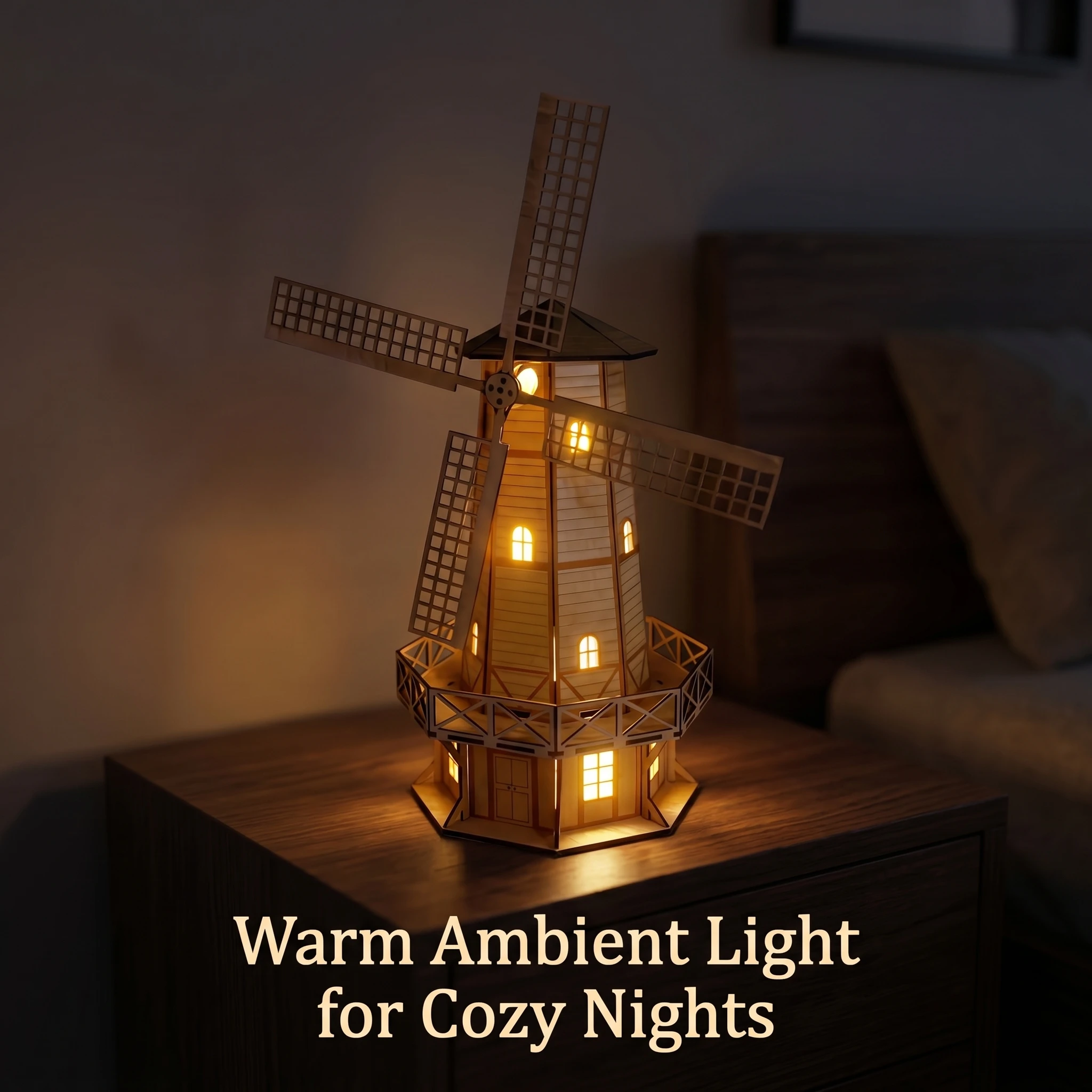 DIY Wooden Windmill House Puzzle LED Light Rotating Sails 3D Wooden Model Kit Creative Night Lamp Home Decor Gift for Adult Kids