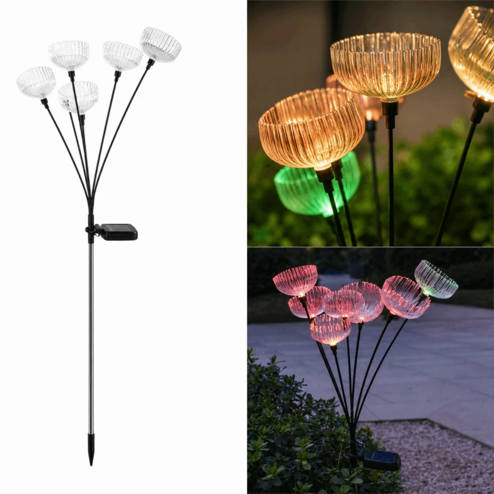 6LED Solar Jellyfish Light Fiber Optic Strand Auto Light Switch Fiber Optic Lamp Weather Proof Easy Insert Dandelion Ground Lamp