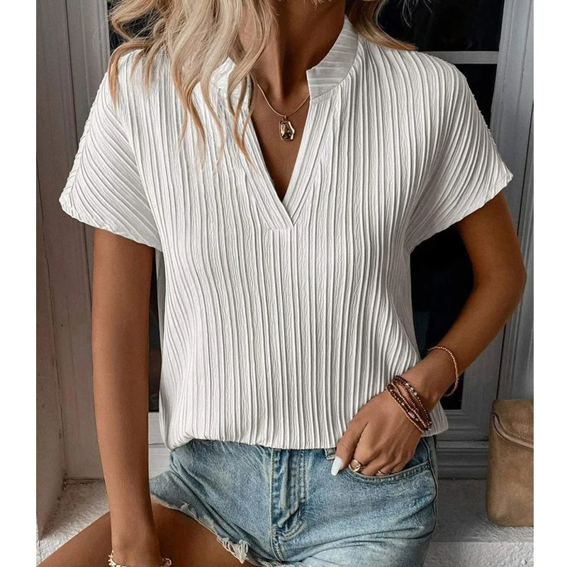 Women Trendy Solid Striped V Neck Short Sleeve Tops Summer Office Lady Elegant Blouses Casual Loose Shirts Blusa Mujer Moda 2023