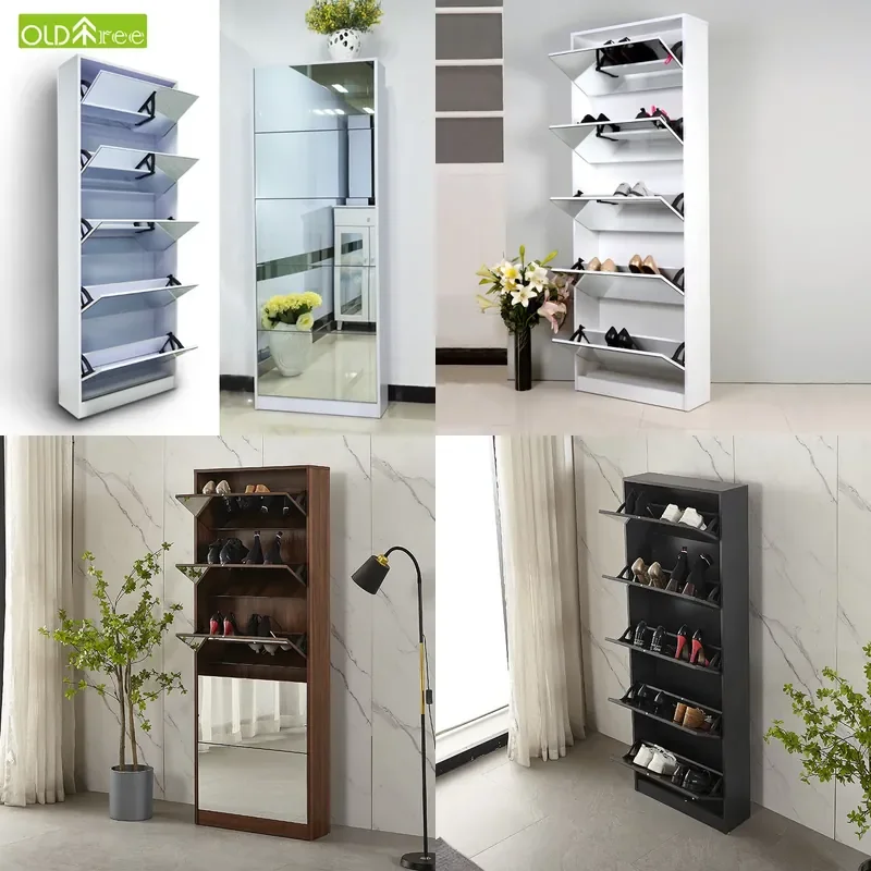 For Home Ultra-thin Shoe Cabinet with Full-length Mirror Integrated Tipping Bucket Wall-mounted Porch Storage High Gloss