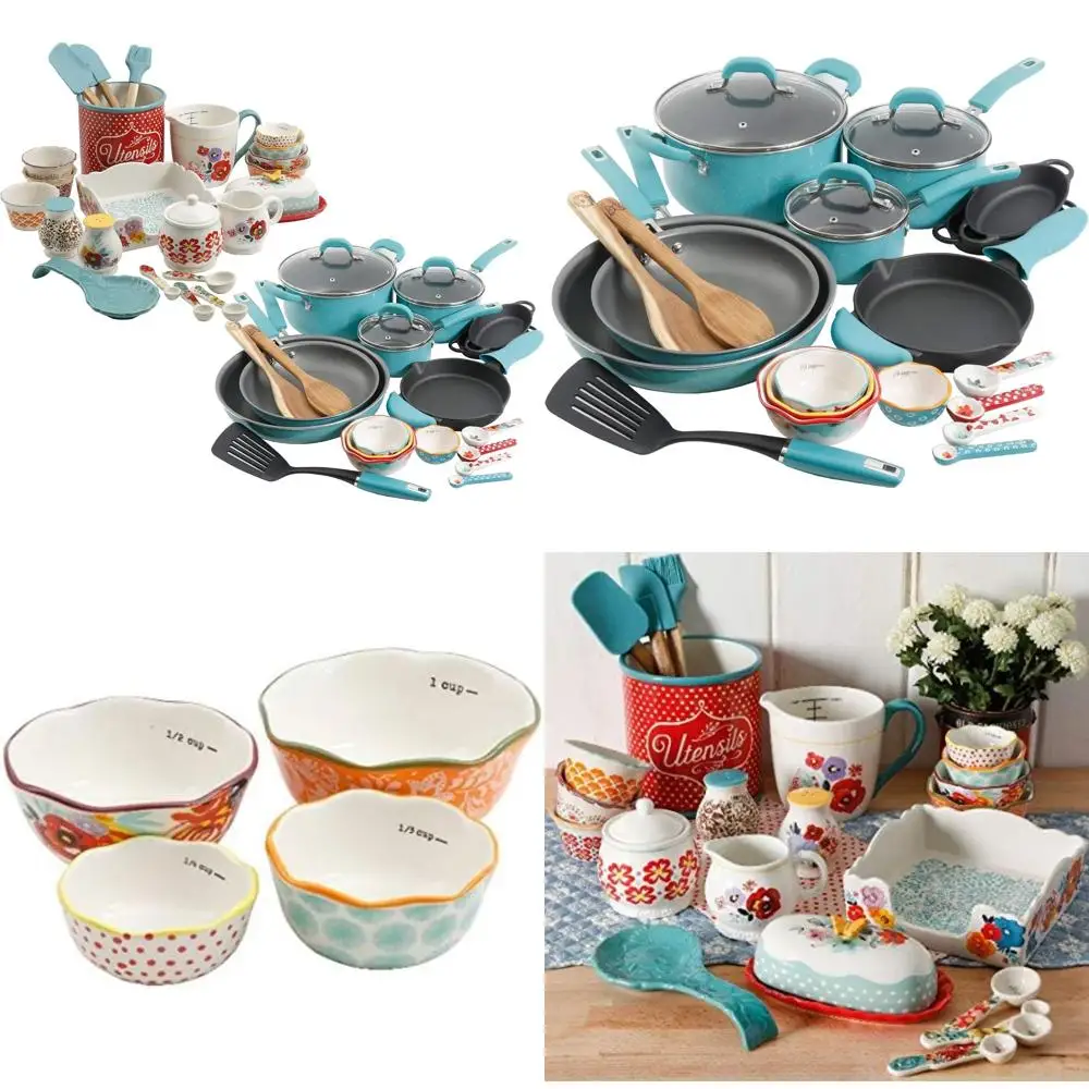 

Vintage Turquoise 24-Piece Cookware Set with Copper Charm and Stainless Steel Copper Bottom