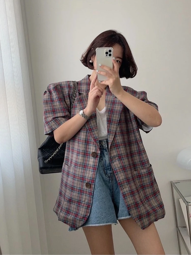Retro Plaid Women's Light Loose Fit Short Sleeve Suit Jacket Chic Versatile Summer Outerwear Casual Commute Style Chinese Pro...