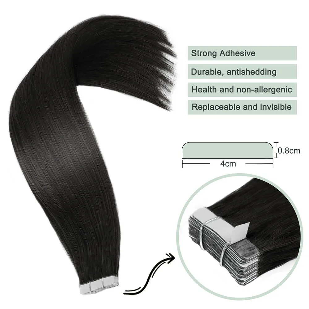 Tape In 100% Real Human Hair Straight Tape In Hair Extensions Seamless Skin Weft Tape Hair Extensions 16-26 Inches Natural Black