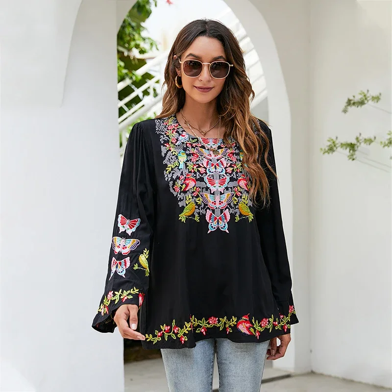 Eaeovni  Women\'s Mexican Embroidered Tops Traditional Boho Hippie Clothes Peasant Blouse Bohemian Long Sleeve Shirt Tunic