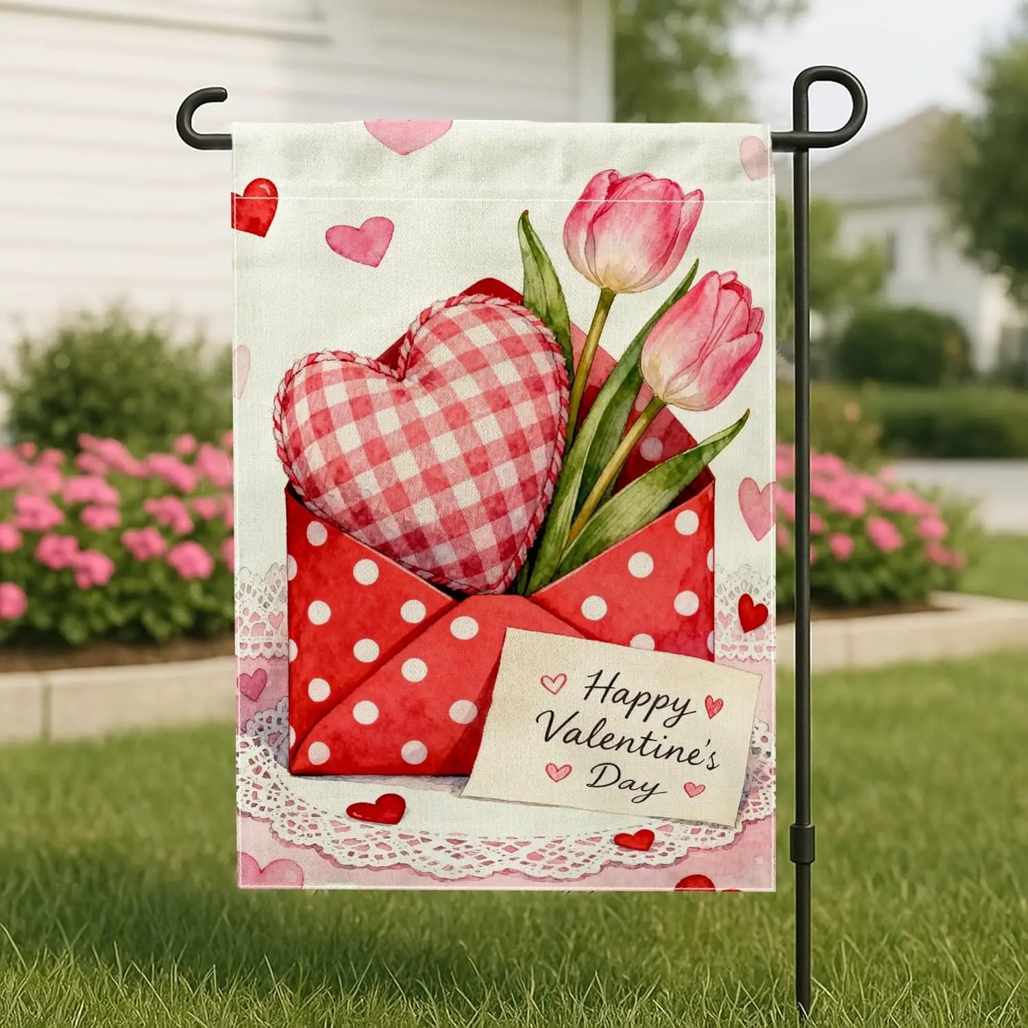Heart Garden Flag, Romantic Fanciful Tulips Envelope Valentine'S Day Red Burlap Double Sided Yard Decorative Flags for O AAS