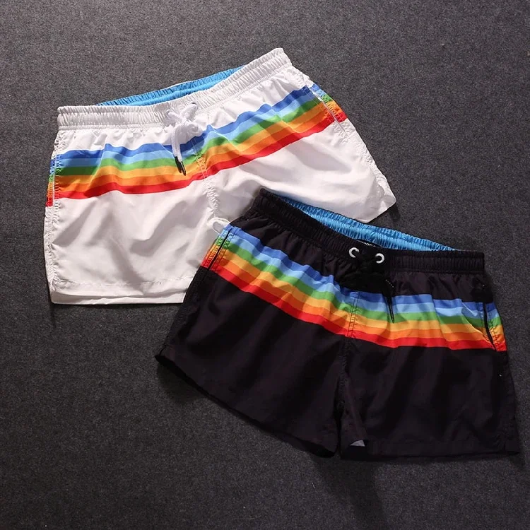 Men Summer Running Beach Shorts Mesh Inner Quick Dry Bottoms Casual Sports Trousers Striped Rainbow Swimwear Swimming Trunks