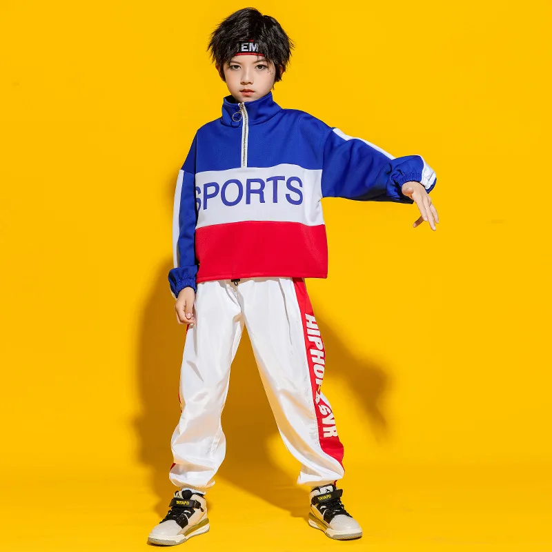 Girls Jazz Dance Costumes Patchwork Half-zip Tracksuit Letter Print Sweatpants Set Boys Hip Hop Dance Performance Rave Clothes