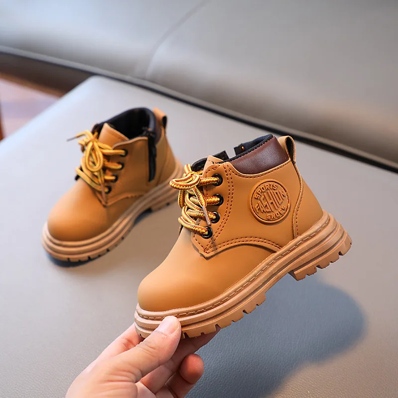 

New Style Boys and Girls PU Leather Boots Kids Ankle Boots Students Soft-Soled Non-Slip Boots Winter Kids Fashion Snow Shoes