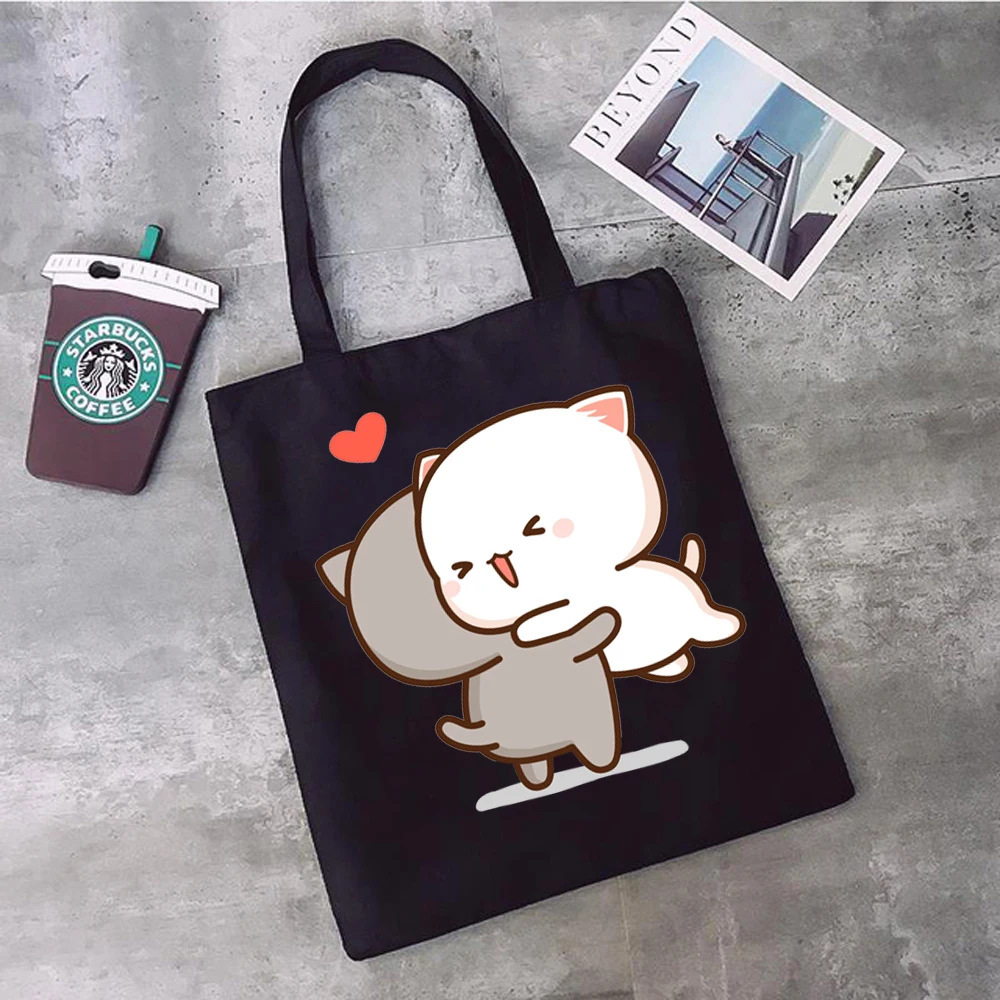 Peach and Goma Mochi Cat Love Print Shopping Bags for Women Canvas Tote Bags Handbag Reusable Cartoon Shopping Bag Female