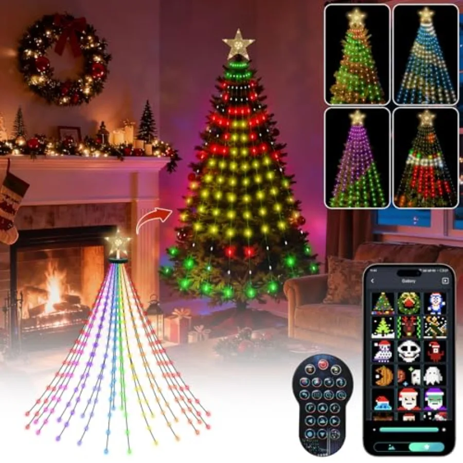 

Smart Christmas Tree Lights DIY LED Color Changing Light Show 6FT 200+ Scene String Waterfall Xmas Tree Lights with Ring and To