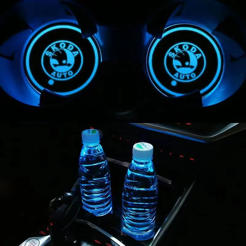 7 Color LED Car Cup Holder Light Luminous Coaster Water Cup Pad For Skoda Octavia A5 A7 RS Fabia Superb Accessories