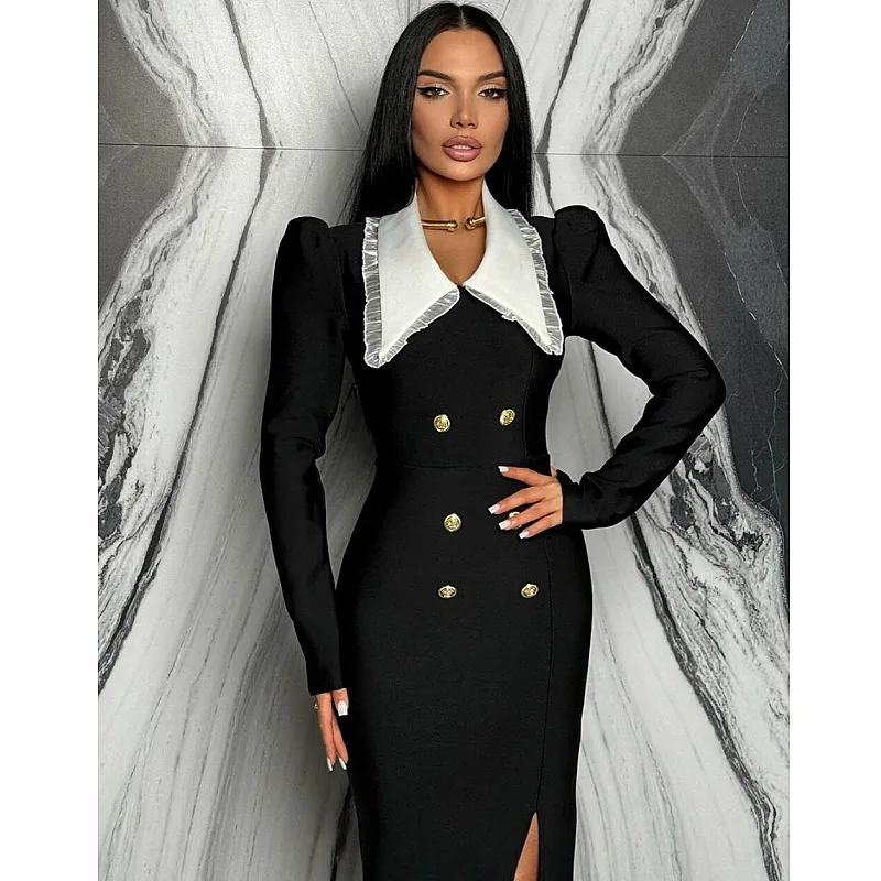 

Новое поступление, женское платье, облегающее платье с золотыми пуговицами и кукольным воротником, элегантное игривое вечернее бандажное платье