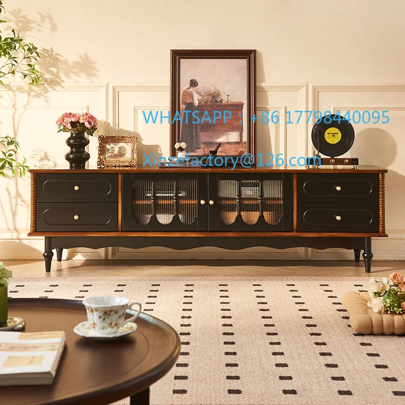Customizable French Retro Solid Wood TV Cabinet American Living Room Double Floor TV Cabinet Medieval Four Bucket Storage TV