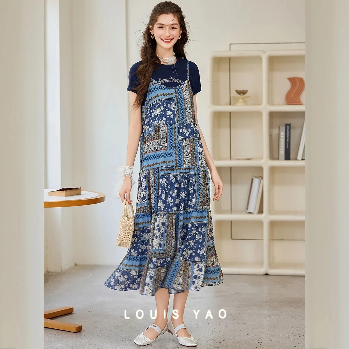 

LOUIS YAO Boho Halter Women's Dresses 2025 Summer New Elegant Round Neck Long Dress Print Patchwork Elegant Dresses