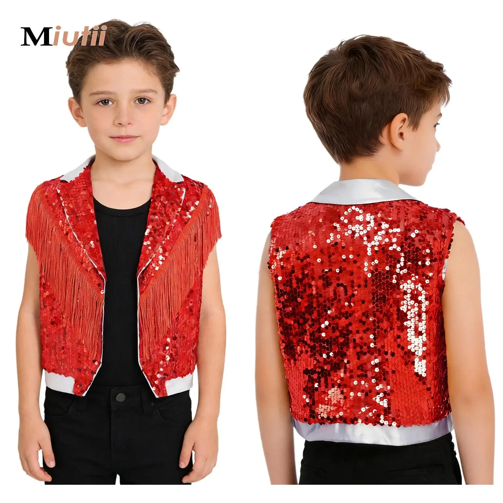 

Boys Shiny Disco Dancing Music Festival Vest Sequin Tassel Sleeveless Waistcoat Allover V Neck Open Front Vest Tops Dancewear