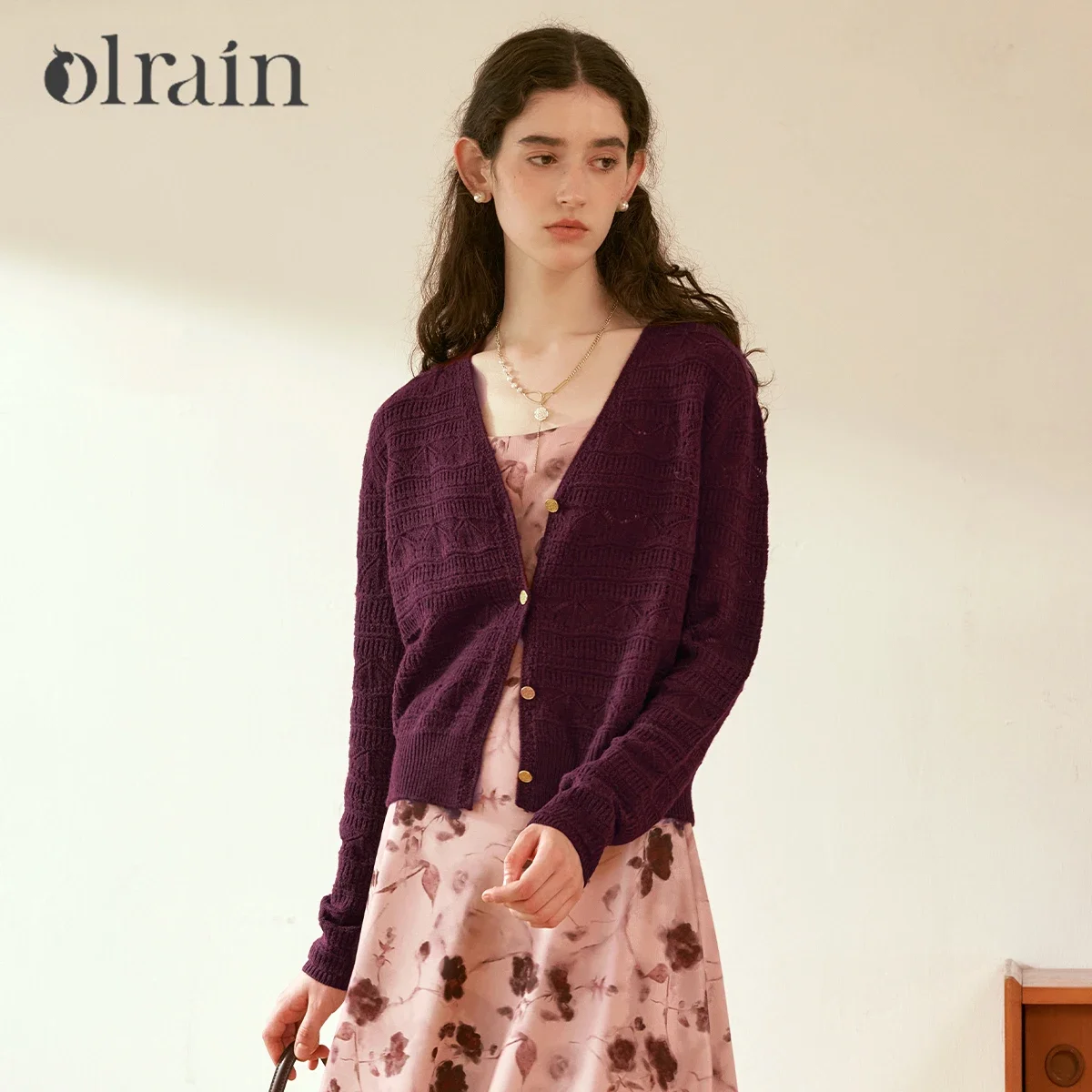 OLrain Women Knit Cardigan 2026 Fall French V Neck Hollow Out Burgundy Long Sleeve Ladies Knitted Sweater Casual Tops N56QZ95017